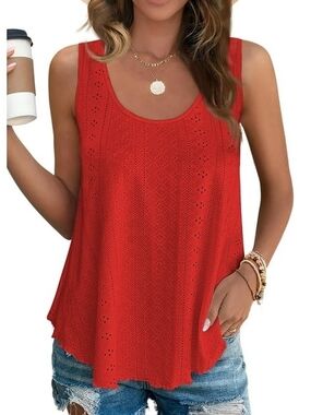 Red Eyelet Sleeveless Scoop Neck Tank Top